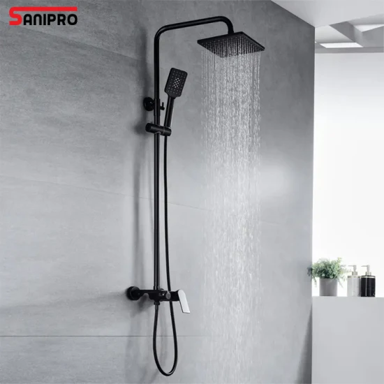 Columna deslizante Sanipro, cabezal de ducha, sistema de lluvia, latón negro, grifos de baño fríos y calientes, mezclador, juego de ducha de baño