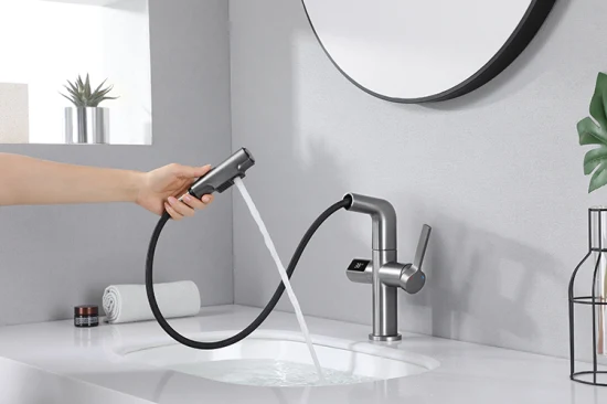 Lavabo de baño de cobre Sanipro, grifo mezclador de agua extraíble sin contacto, lavabo de altura ajustable, grifo inteligente con pantalla Digital